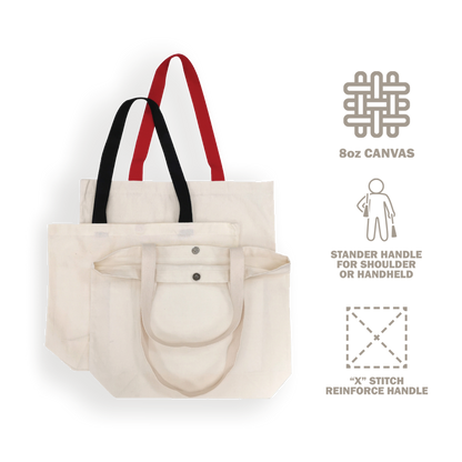 Canvas tote bags in 8oz fabric with magnetic button closure, reinforced handles, and assorted strap colors.
