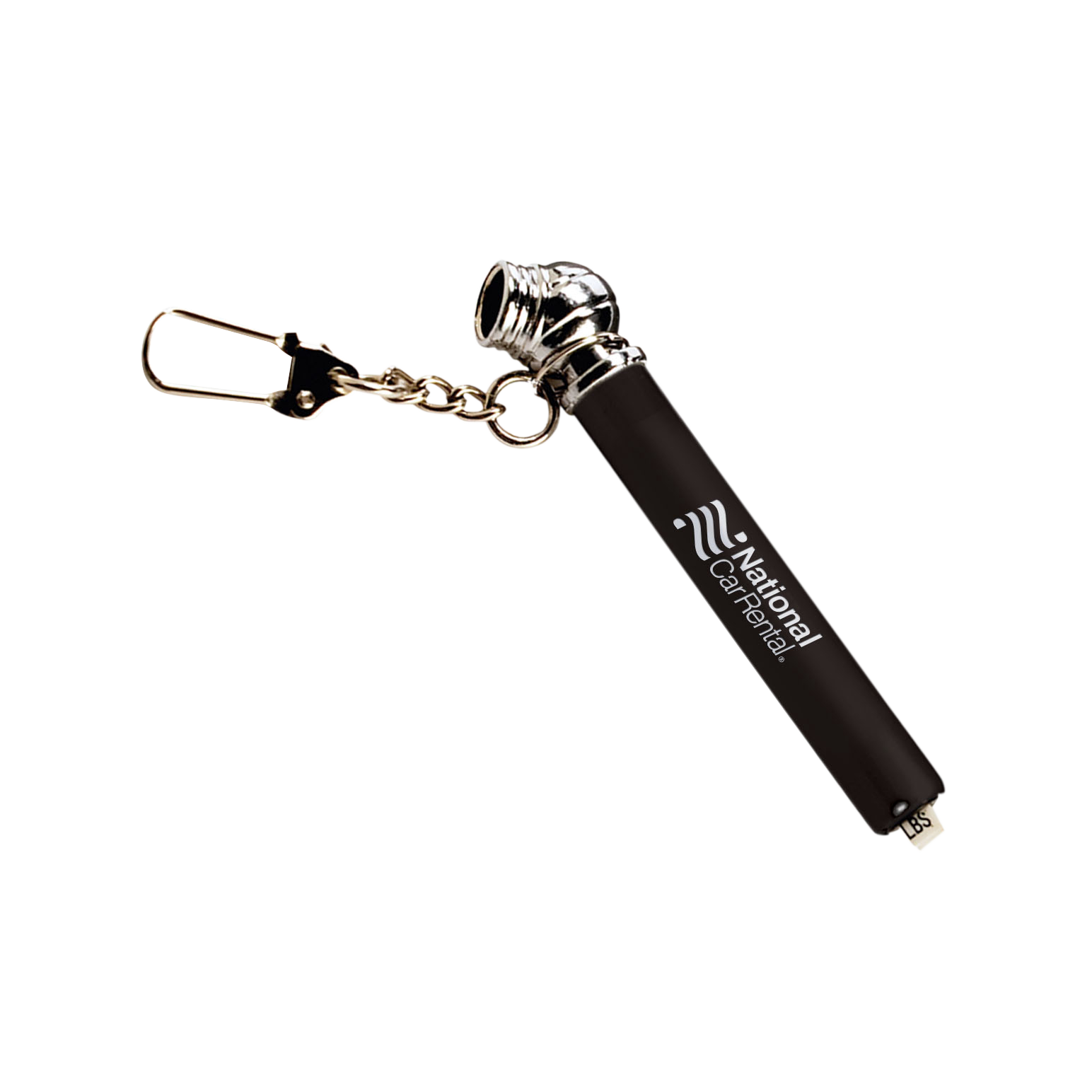 Black Nano Tire Gauge with silver keychain attachment and customized National Car Rental logo, designed for quick tire pressure checks on the go