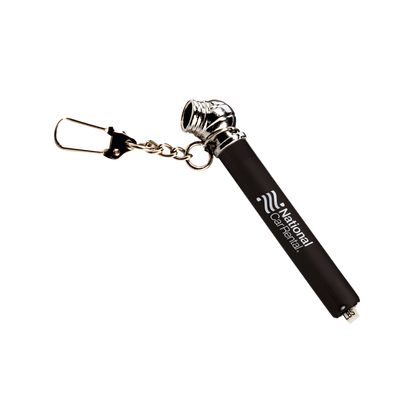 Black Nano Tire Gauge with silver keychain attachment and customized National Car Rental logo, designed for quick tire pressure checks on the go