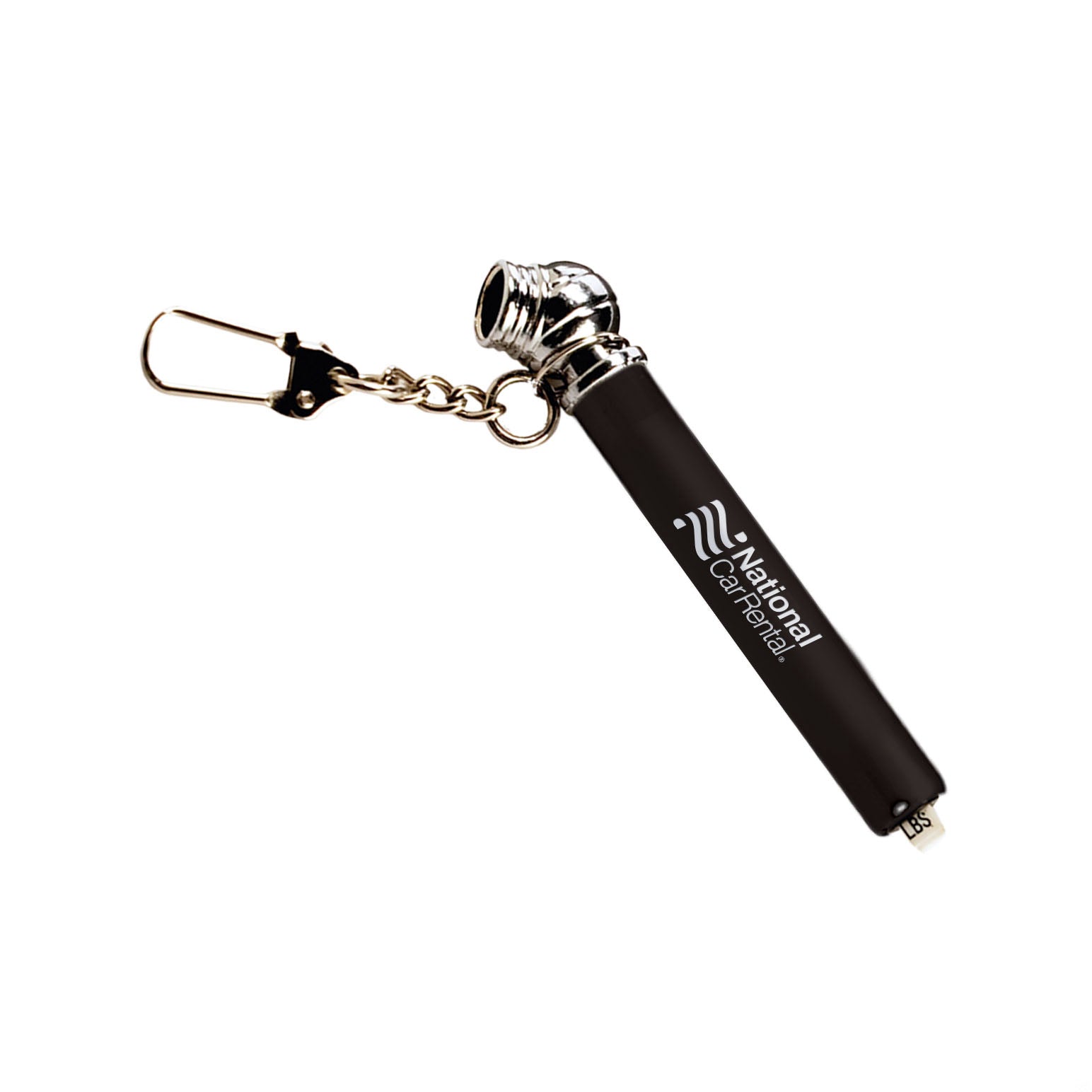 Nano tire pressure gauge with keychain, featuring a black body, chrome-finished gauge head, and customized National Car Rental logo