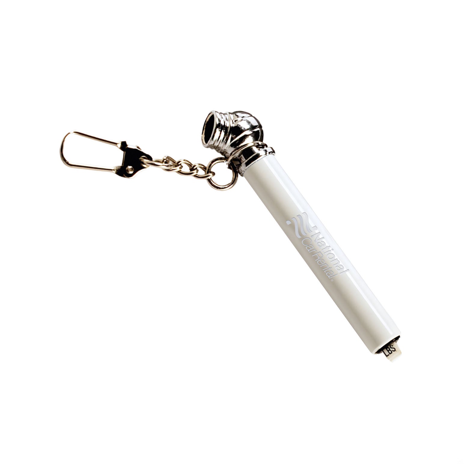 White Nano tire pressure gauge with chrome head and keychain attachment, ready for customized logo imprint