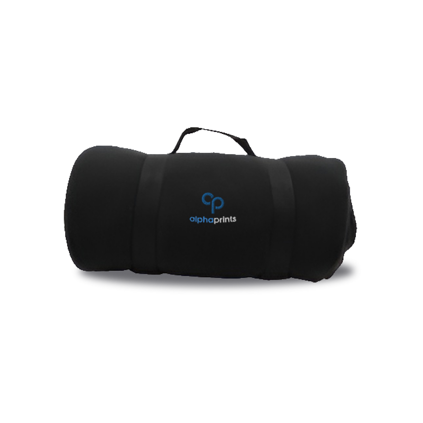 Black rolled fleece travel blanket with carrying handle, featuring an embroidered 'alphaprints' logo on the front