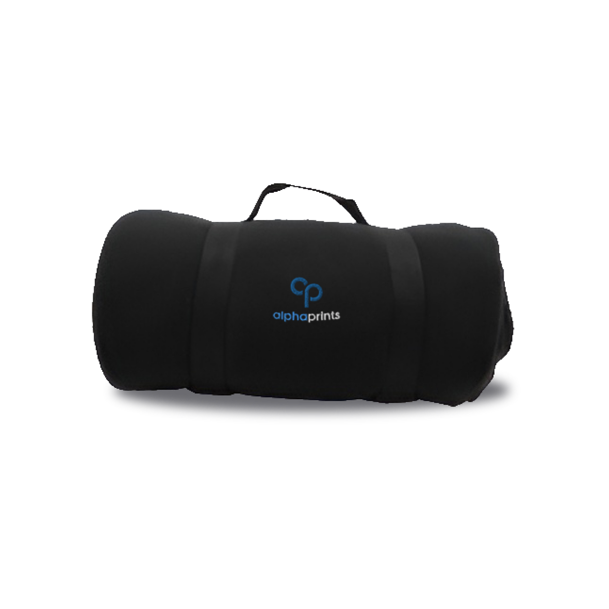 Black rolled fleece travel blanket with carrying handle, featuring an embroidered 'alphaprints' logo on the front
