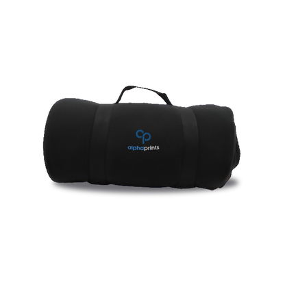 Black rolled fleece travel blanket with carrying handle, featuring an embroidered 'alphaprints' logo on the front