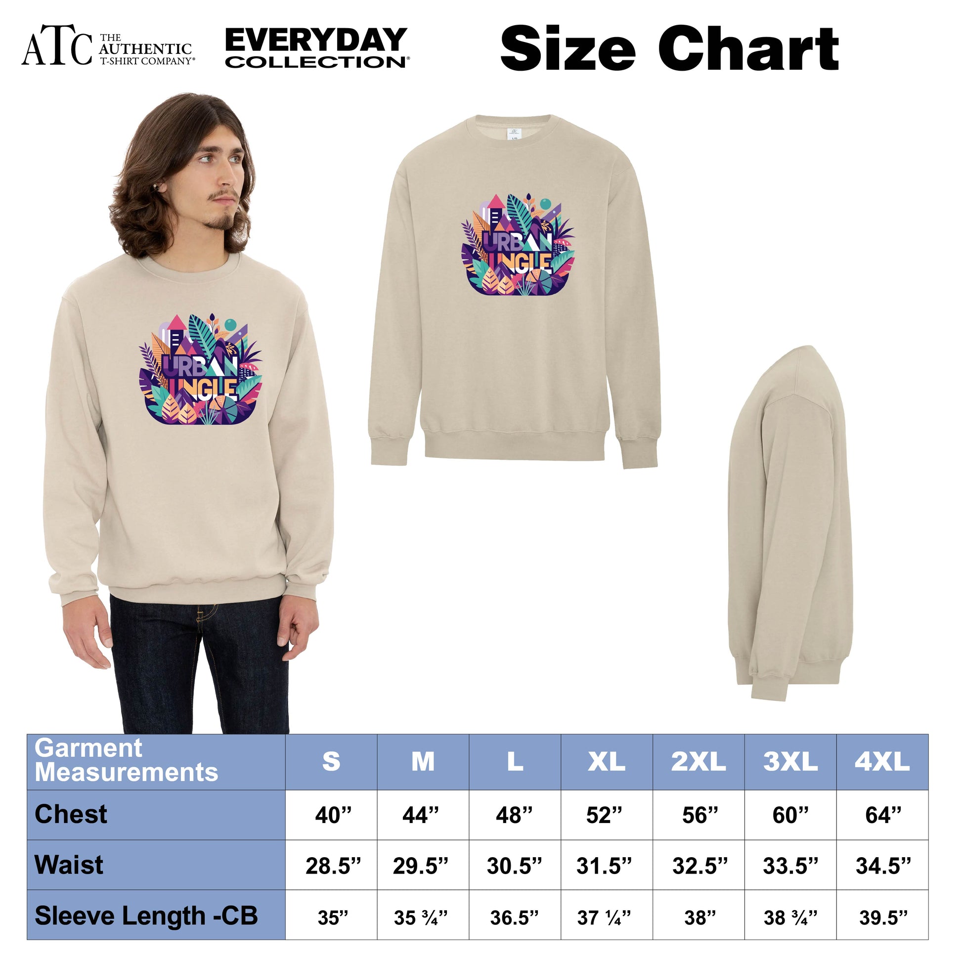 Beige crewneck sweatshirt featuring a vibrant 'Urban Jungle' graphic on the front, shown on a model and from multiple angles with a size chart detailing chest, waist, and sleeve measurements from S to 4XL