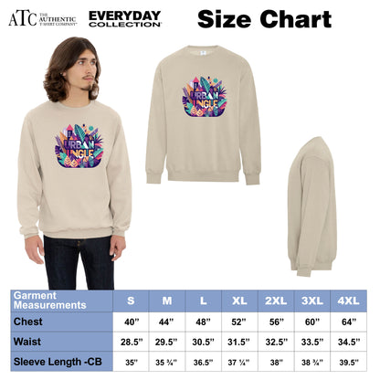Beige crewneck sweatshirt featuring a vibrant 'Urban Jungle' graphic on the front, shown on a model and from multiple angles with a size chart detailing chest, waist, and sleeve measurements from S to 4XL