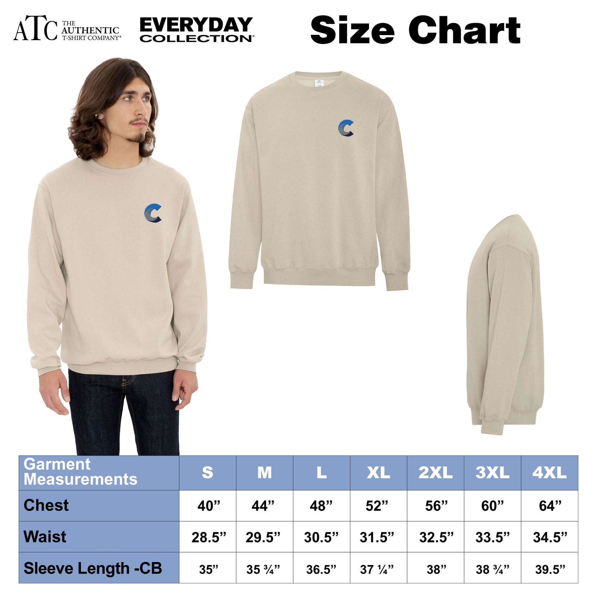 Size chart for ATC Everyday Collection beige crewneck sweatshirt featuring a blue ‘C’ logo on the left chest. Includes front, side, and on-model views. Garment measurements are provided for sizes S to 4XL, listing chest, waist, and sleeve length.