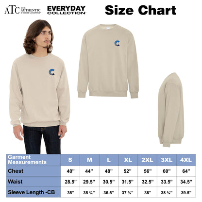 Size chart for ATC Everyday Collection beige crewneck sweatshirt featuring a blue ‘C’ logo on the left chest. Includes front, side, and on-model views. Garment measurements are provided for sizes S to 4XL, listing chest, waist, and sleeve length.
