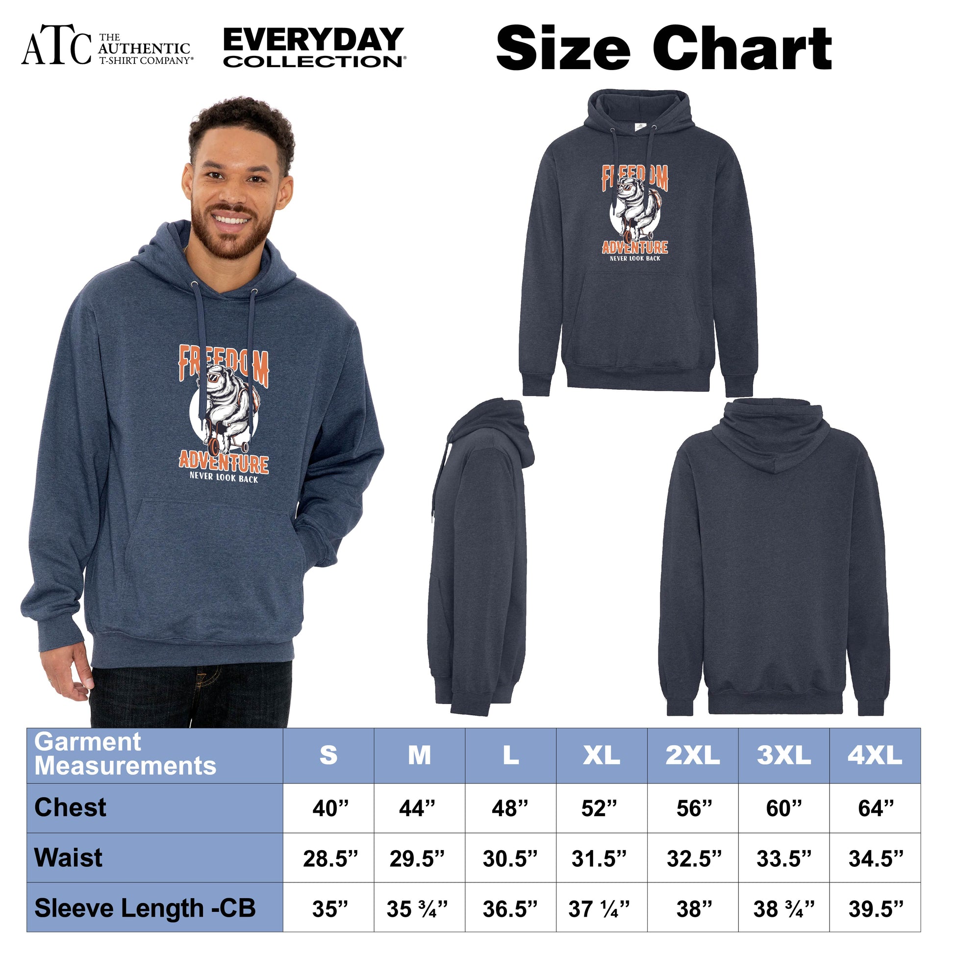 Size chart and product views of the ATC Earth Wash Tourbillon Fleece Hoodie with 'Freedom Adventure Never Look Back' bear graphic; includes front, side, back views, model wearing the hoodie, and a measurement chart for sizes S to 4XL