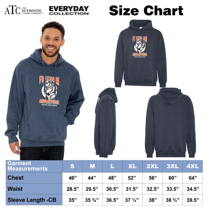 Size chart and product views of the ATC Earth Wash Tourbillon Fleece Hoodie with 'Freedom Adventure Never Look Back' bear graphic; includes front, side, back views, model wearing the hoodie, and a measurement chart for sizes S to 4XL