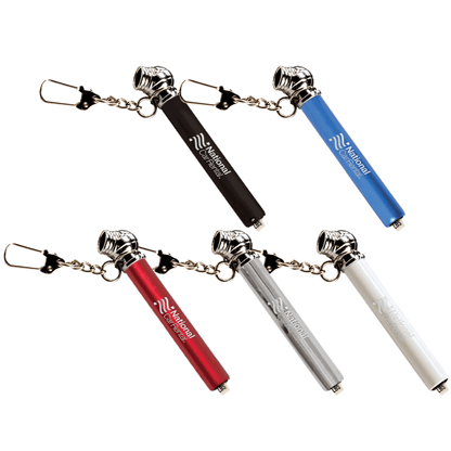 Set of five Nano Tire Gauge keychains in black, blue, red, silver, and white, each with customized logo and chrome-plated head.