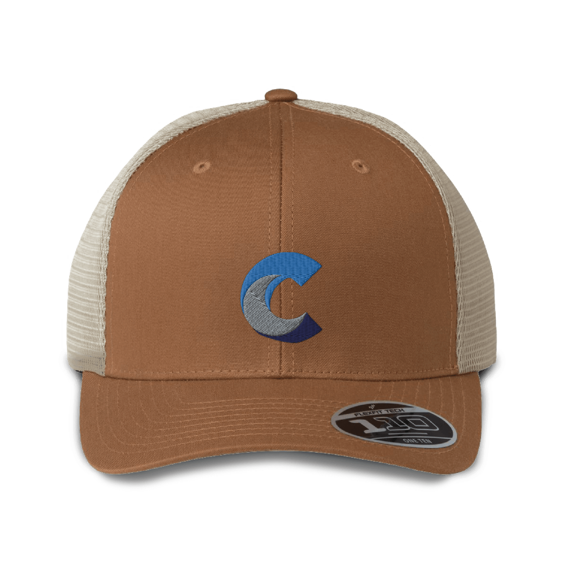 Brown and beige Flexfit 110® mesh-back cap featuring an embroidered blue gradient 'C' logo on the front panel, with a structured front and adjustable snapback; sticker label on the brim indicates brand and sizing.