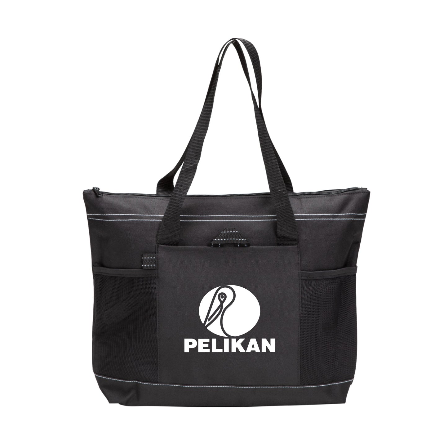 Black tote bag with a front pocket and a logo printed on the front