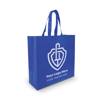Blue reusable tote bag with a white shield-style custom logo and space for a tagline on the front.