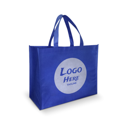 Blue reusable tote bag with dual handles, featuring a large circular area on the front for a custom logo and tagline