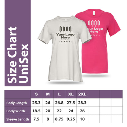 Size chart for unisex T-shirts with front view of white and pink custom logo shirts, including body and sleeve measurements from S to 2XL.