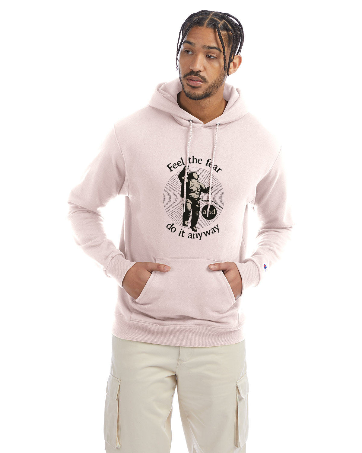 Body blush Champion hoodie with “Feel the fear and do it anyway” graphic