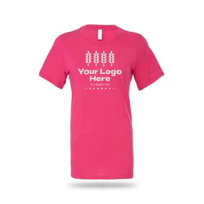 Safety pink Bella + Canvas BCB6400 ladies' jersey short-sleeve T-shirt with custom white logo and text.