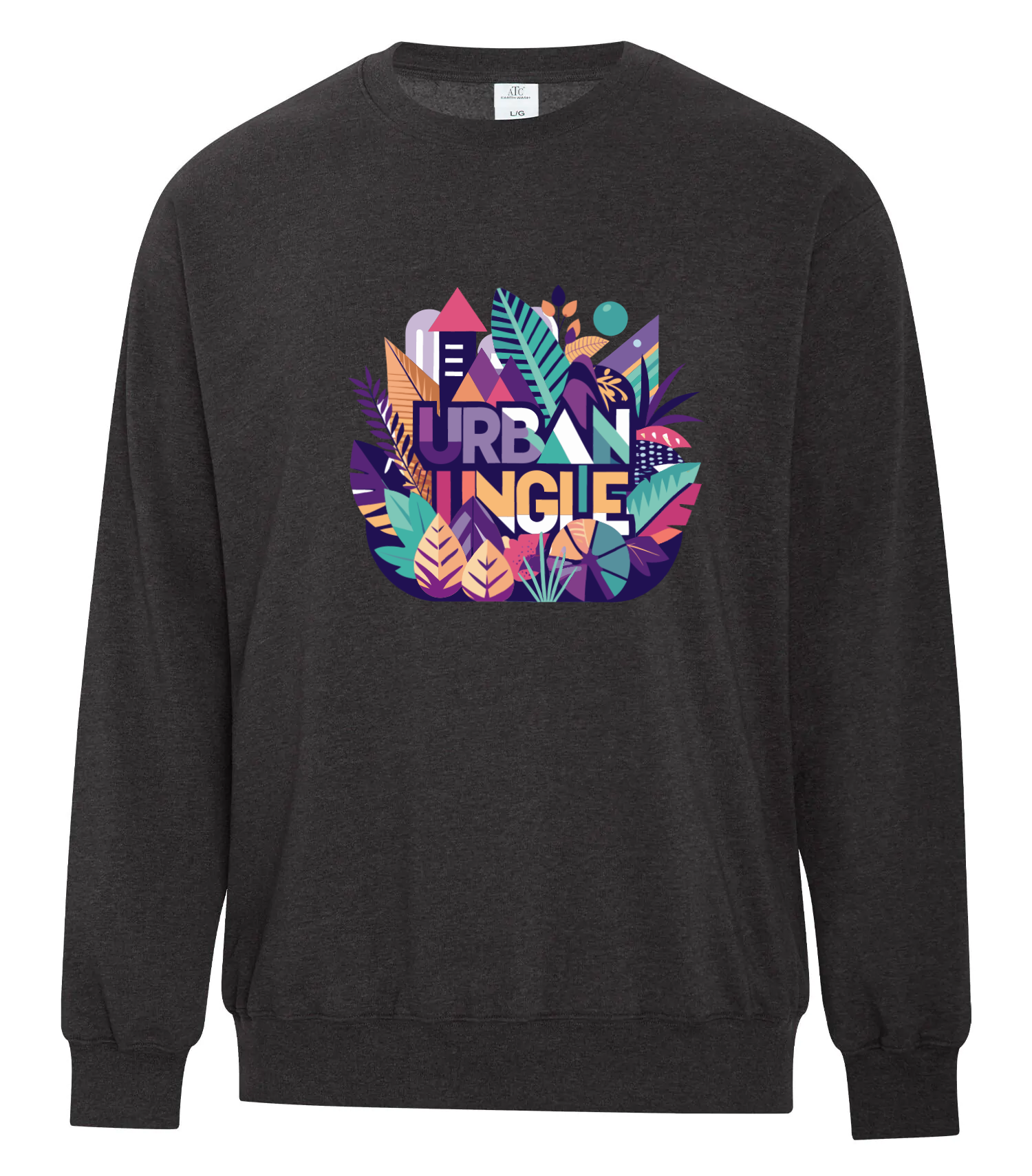 Charcoal grey crewneck sweatshirt with a colorful 'Urban Jungle' graphic on the chest, featuring abstract leaves, buildings, and geometric shapes in vibrant hues.