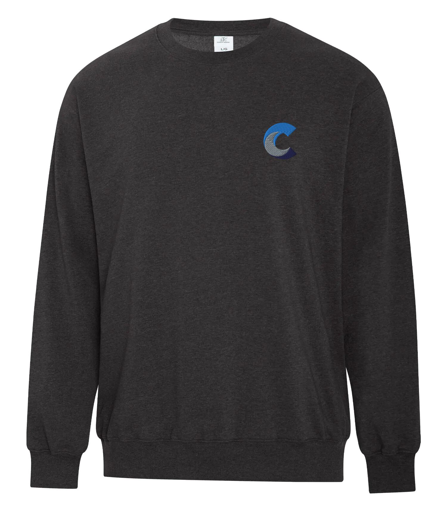 Front view of a black crewneck sweatshirt featuring a small embroidered blue 'C' logo on the left chest, displayed against a white background