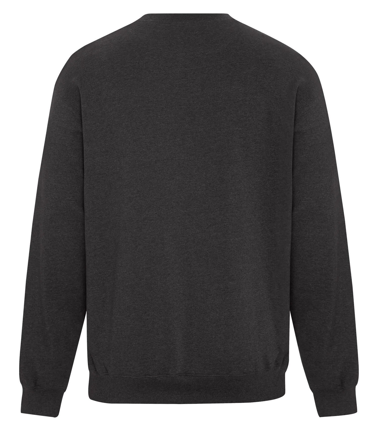 Back view of a dark charcoal grey crewneck sweatshirt with ribbed cuffs and hem, no visible logos or designs.