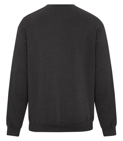 Back view of a dark charcoal grey crewneck sweatshirt with ribbed cuffs and hem, no visible logos or designs.