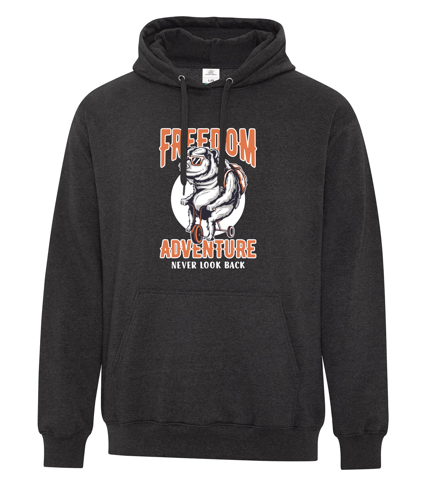 Black ATC Earth Wash Tourbillon Fleece Hoodie featuring a bold 'Freedom Adventure Never Look Back' graphic with a bear riding a bicycle in front of a full moon.