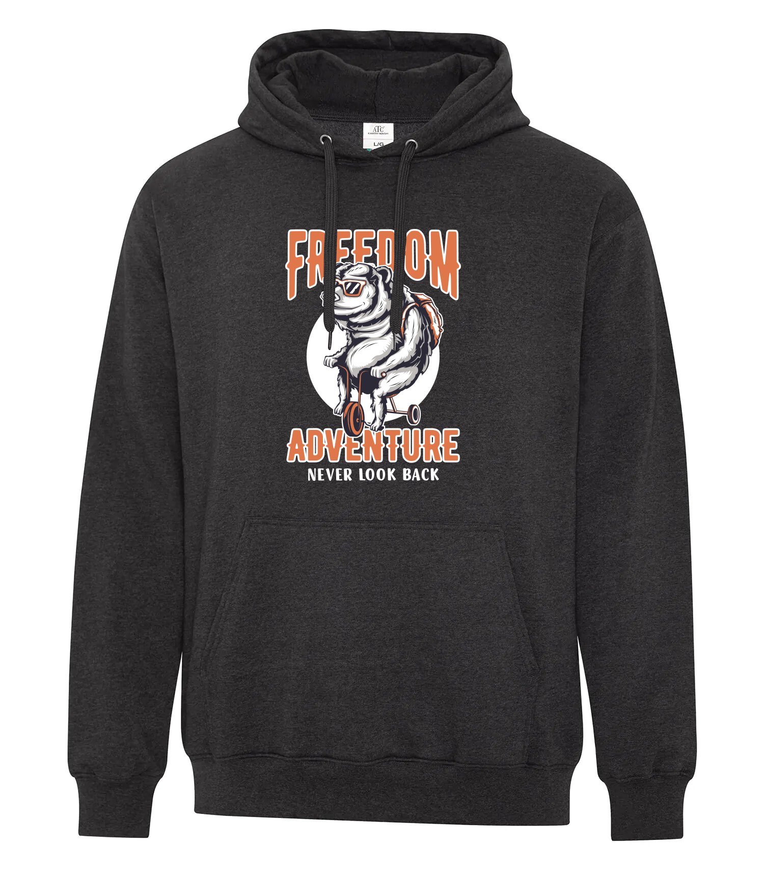 Black ATC Earth Wash Tourbillon Fleece Hoodie featuring a bold 'Freedom Adventure Never Look Back' graphic with a bear riding a bicycle in front of a full moon.