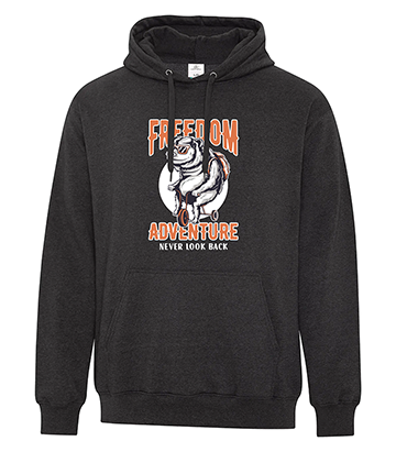 Black fleece hoodie with a graphic of a bear riding a bike in front of a white moon, featuring bold orange and white text that reads 'FREEDOM ADVENTURE - Never Look Back'.