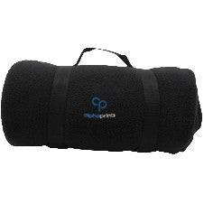 Black rolled fleece travel blanket with carrying handle, featuring an embroidered 'alphaprints' logo on the front