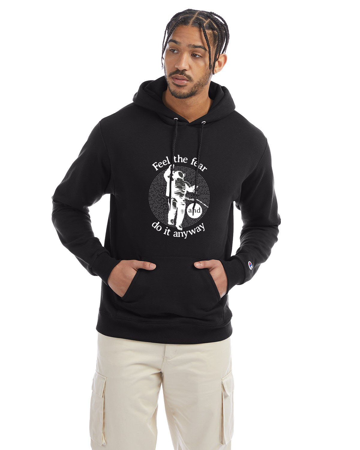 Black Champion hoodie with “Feel the fear and do it anyway” graphic