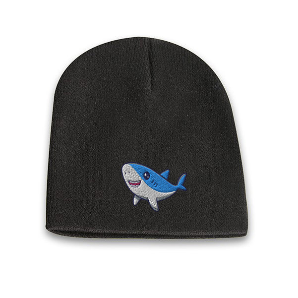Black acrylic knit beanie featuring a cute embroidered cartoon shark logo on the front.