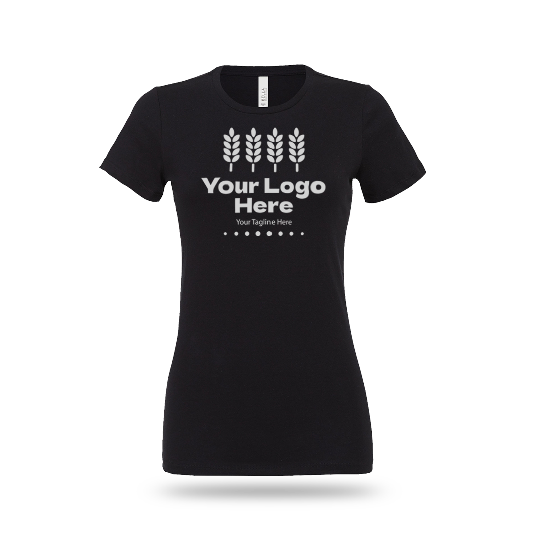 Black Bella + Canvas BCB6400 ladies' jersey short-sleeve T-shirt with custom white logo and text.