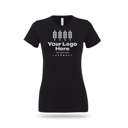 Black Bella + Canvas BCB6400 ladies' jersey short-sleeve T-shirt with custom white logo and text.