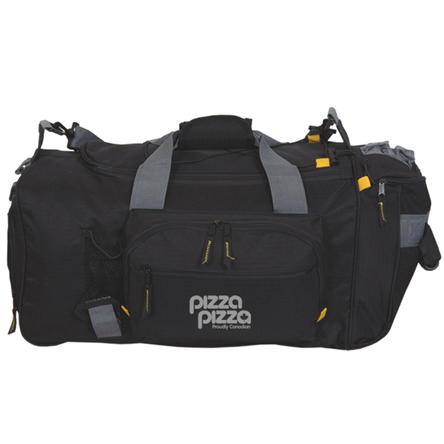 Black duffel bag with logo, multiple zippered compartments, mesh pocket, and grey carry straps