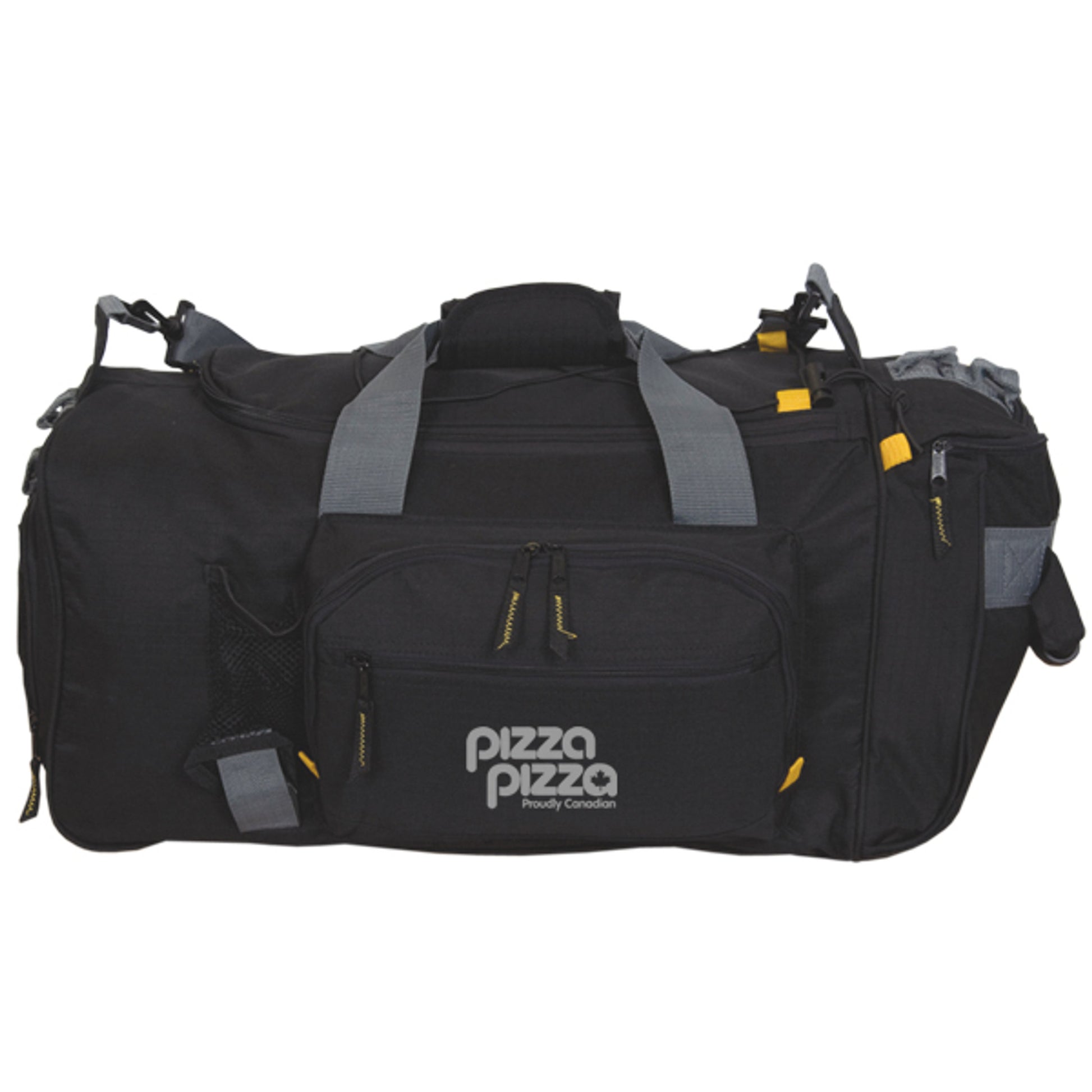 Black duffel bag with logo, multiple zippered compartments, mesh pocket, and grey carry straps