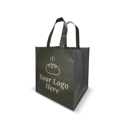 Black reusable tote bag with custom bakery-themed logo