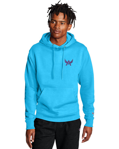 Model wearing a blue lagoon Champion hoodie with a front kangaroo pocket and a purple abstract winged logo on the left chest