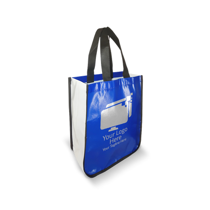 Blue small laminated non-woven bag with curved bottom, white sides, and black handles, ideal for custom branding