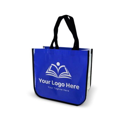 Glossy blue promotional tote bag with white side panels, black handles, and a bold custom logo