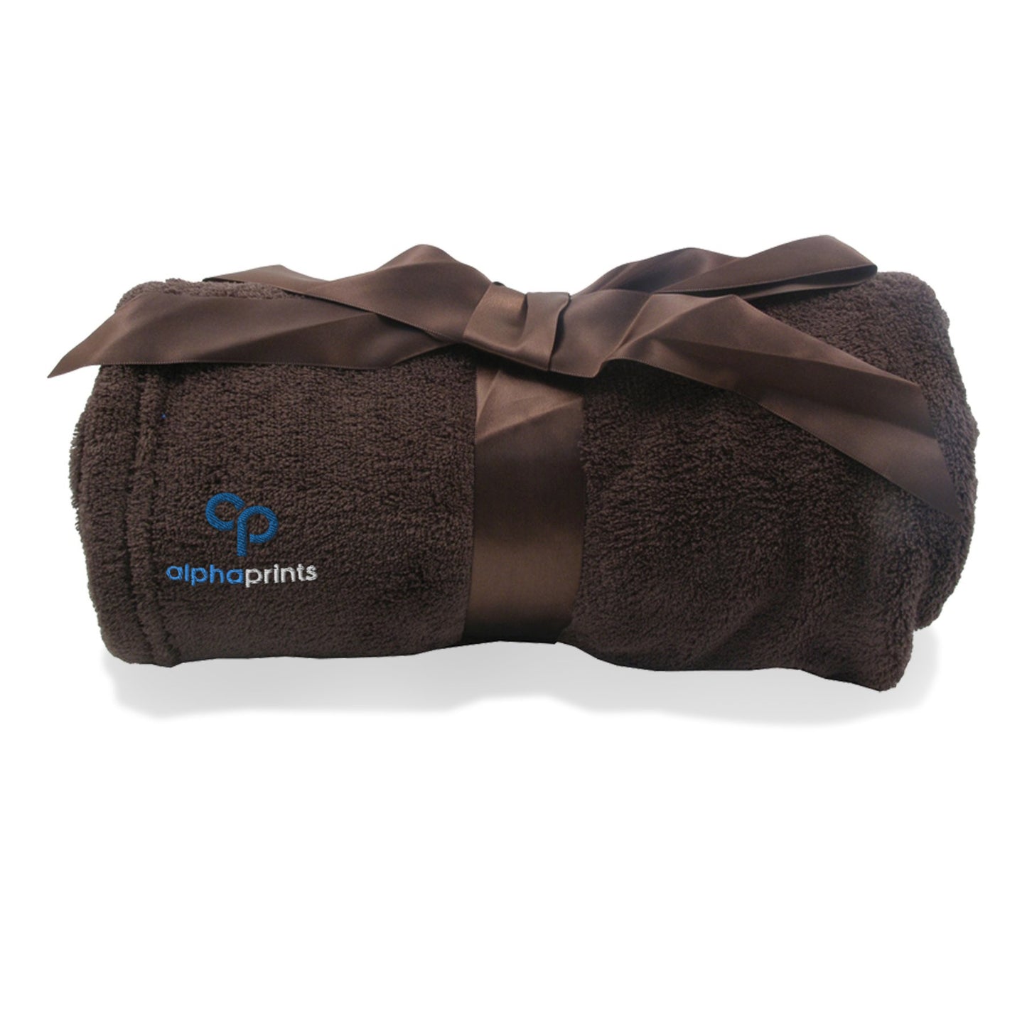Rolled brown plush blanket tied with a satin ribbon and embroidered with the 'alphaprints' logo.