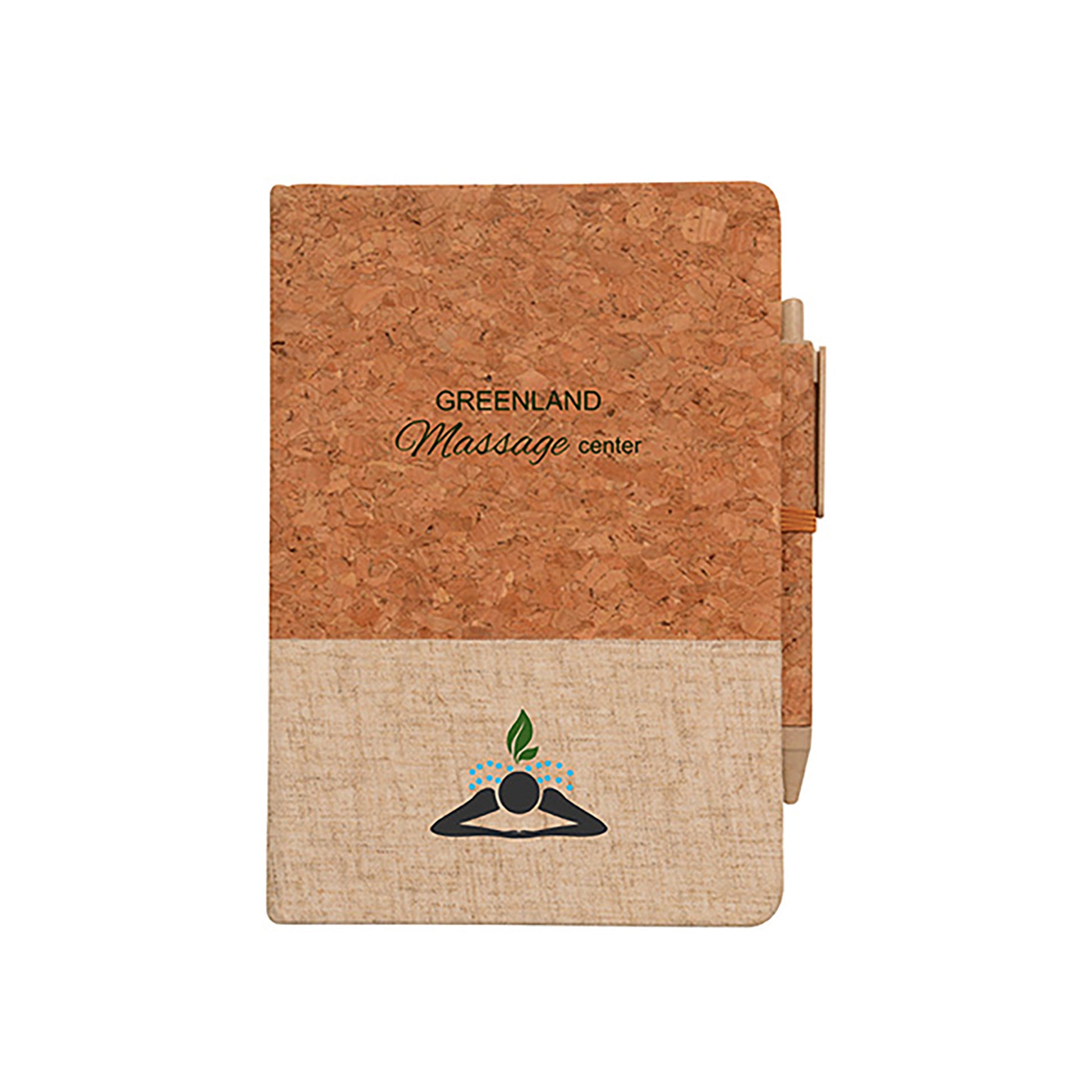 Montado cork and linen journal featuring a cork upper half, beige linen bottom half, custom-printed 'Greenland Massage Center' logo on the cork portion, and a colorful massage icon on the linen, with a matching cork-covered pen attached