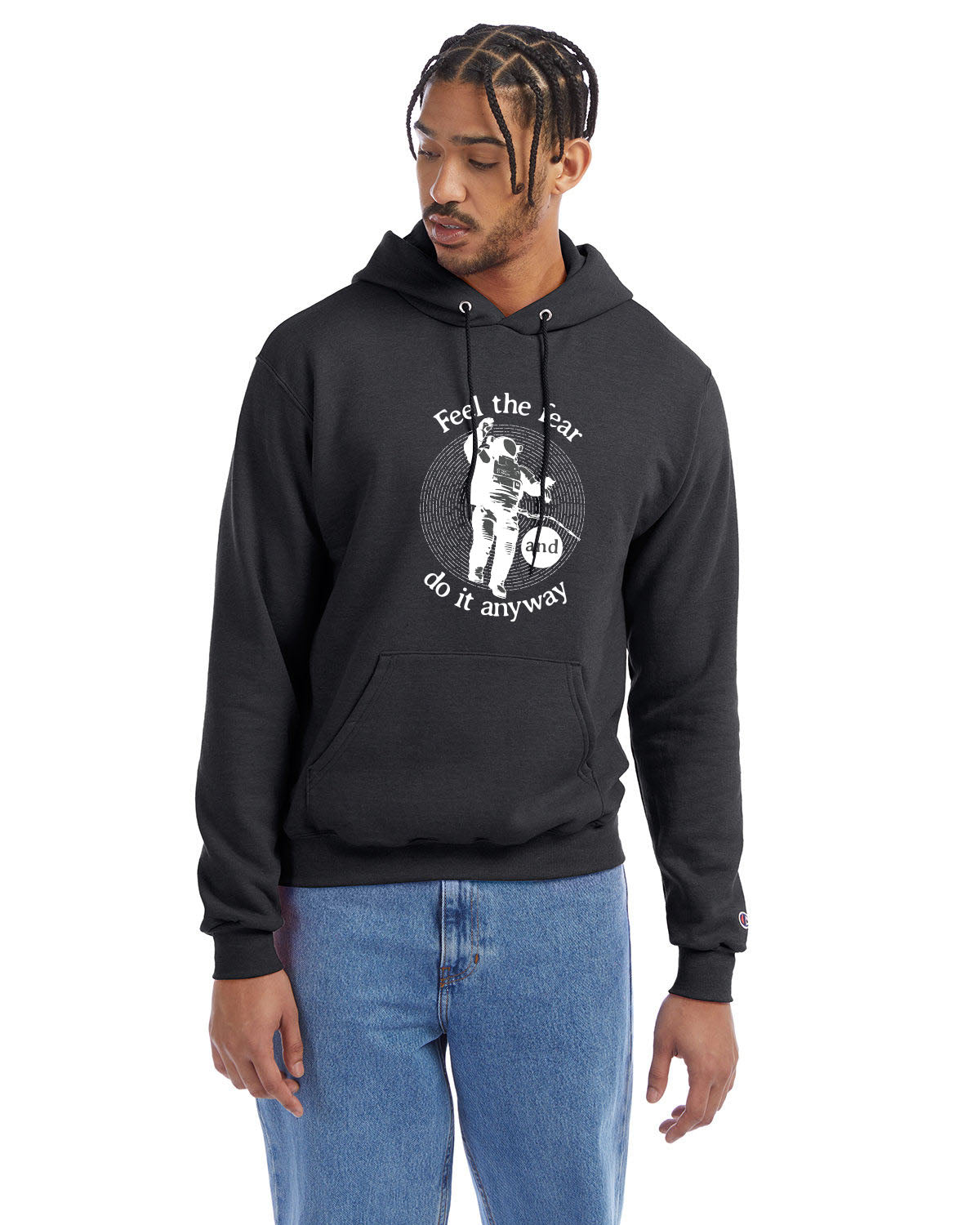 Charcoal heather Champion hoodie with “Feel the fear and do it anyway” graphic