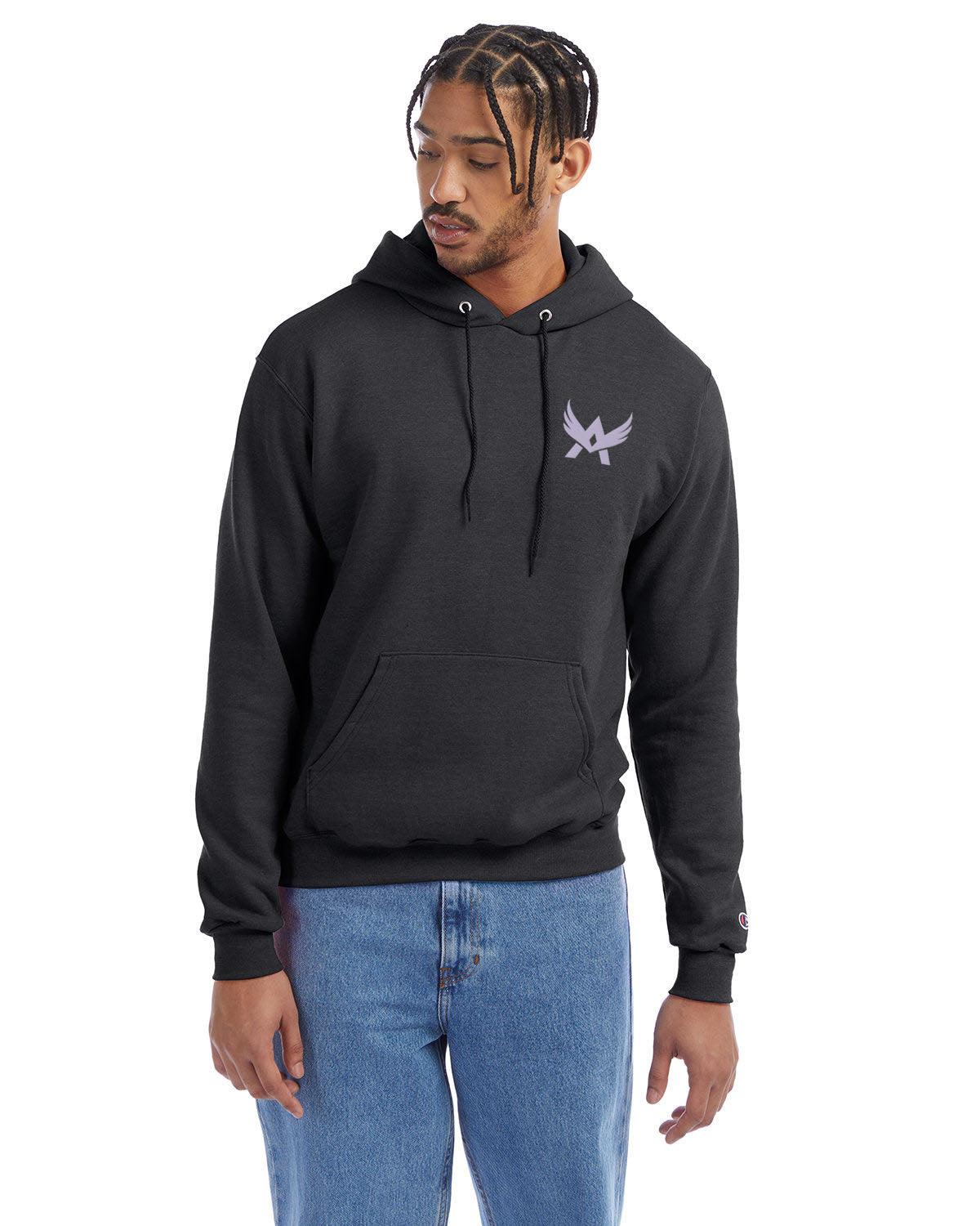 Model wearing a charcoal heather Champion hoodie with a front kangaroo pocket and a purple abstract winged logo on the left chest