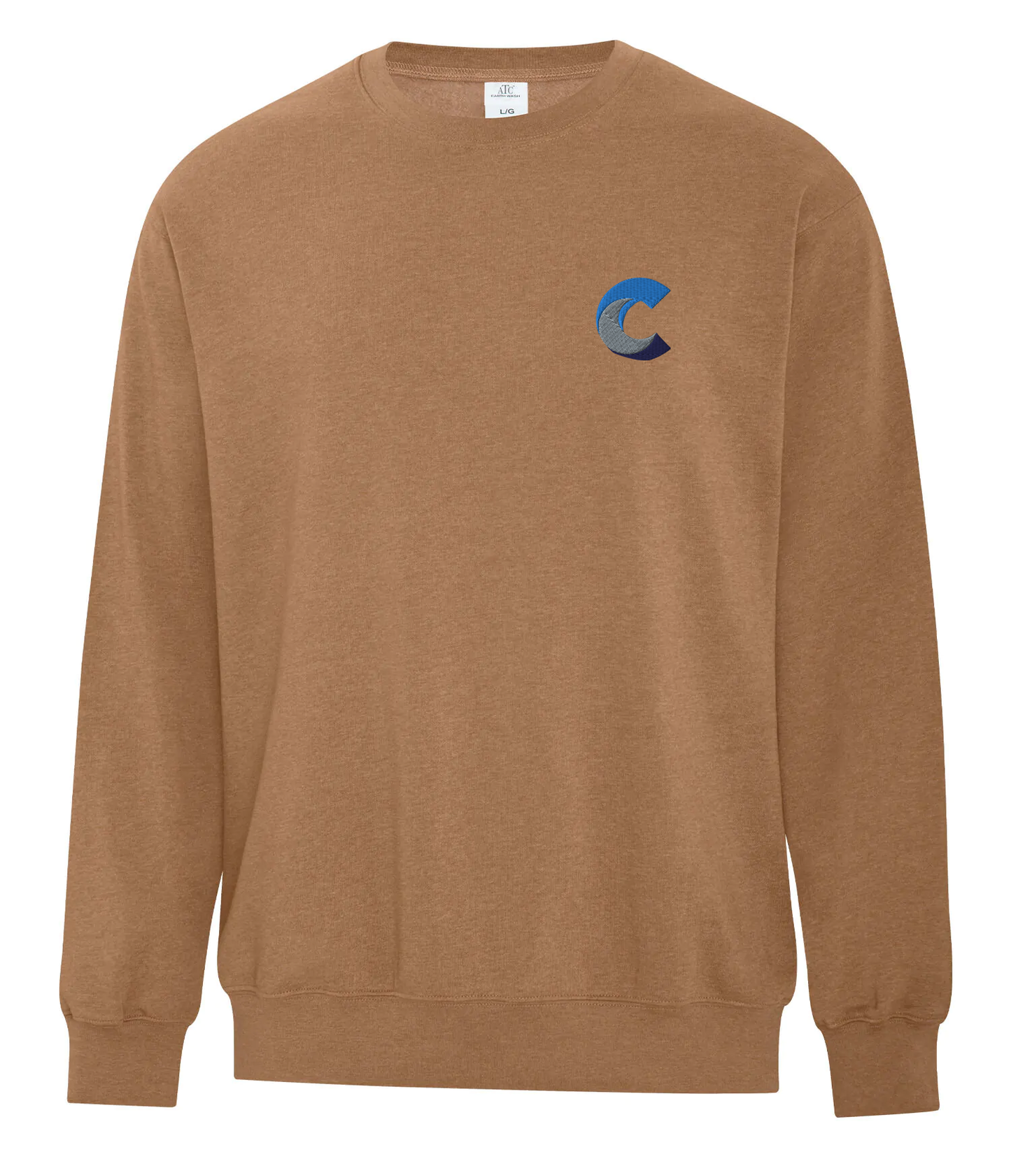 Front view of a brown crewneck sweatshirt featuring a small embroidered blue 'C' logo on the left chest, shown on a plain white background