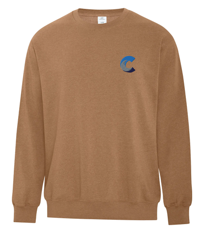 Front view of a brown crewneck sweatshirt featuring a small embroidered blue 'C' logo on the left chest, shown on a plain white background