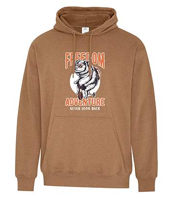 Brown fleece hoodie with a bold front print of a bear on a bike in front of a white moon, surrounded by orange and white text reading 'FREEDOM ADVENTURE – Never Look Back