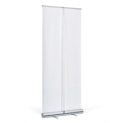 Back view of full-size pull-up banner with silver base and support pole