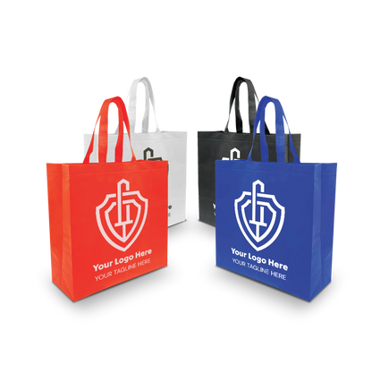 Four reusable tote bags in red, white, black, and blue, each with a shield-style custom logo and tagline on the front.