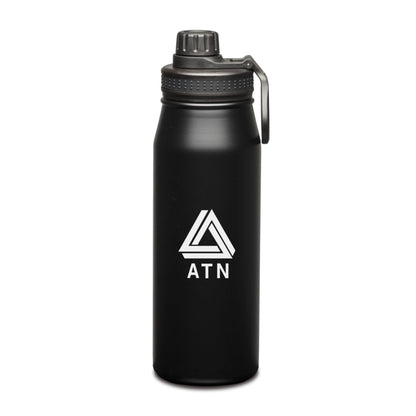 Black stainless steel water bottle with black screw-on lid and handle, featuring a logo on the front.